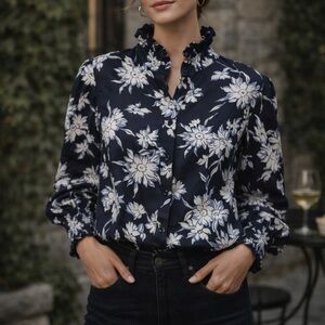 Entro L Navy Floral Ruffle Collar Blouse Smocked Cuffs